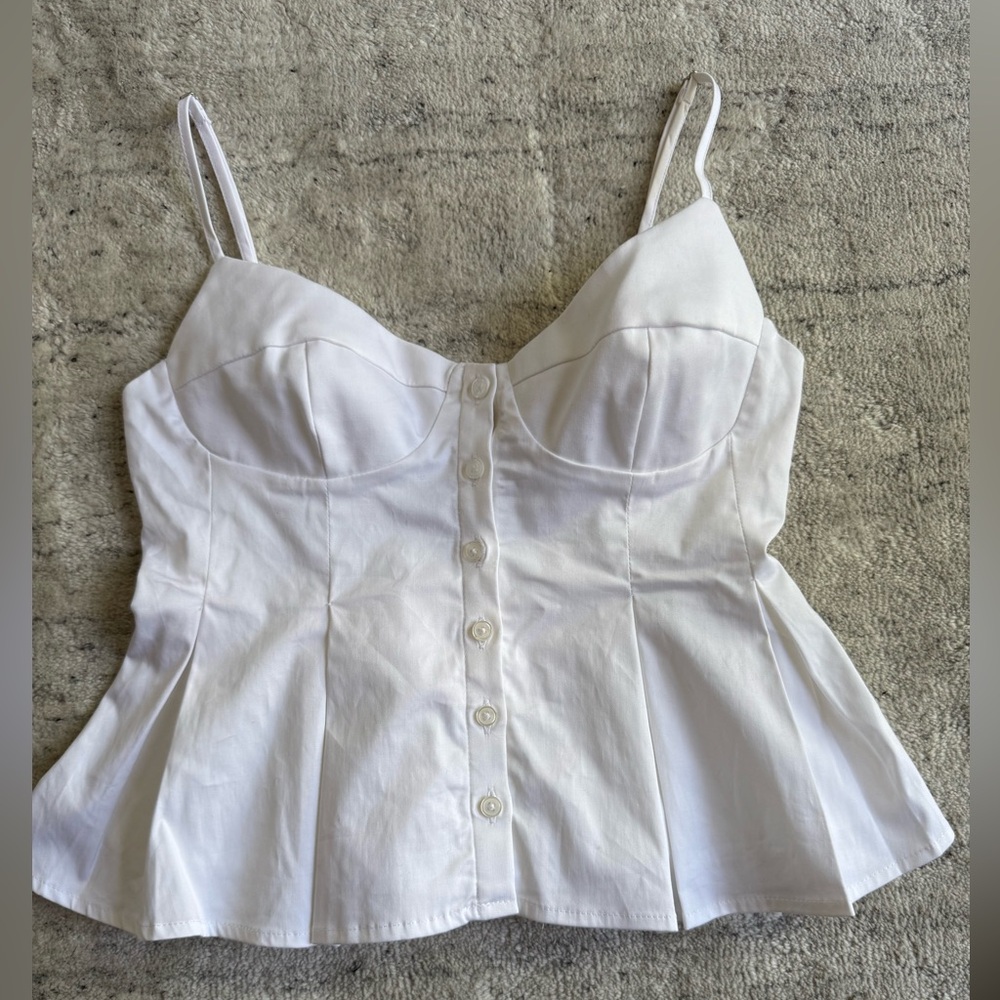 ZARA White Spaghetti Strap Button POPLIN PEPLUM TOP Sz S